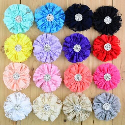 50pcs/lot New coming 3" Lace Fabric Flower with Rhinestone buttons Flat Back For Headband Hair Accessories FH65