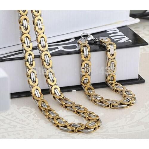 Wholesale Price 8mm Gold Stainless Steel Fashion Byzantine Chain Necklace & Bracelet Jewlery Set