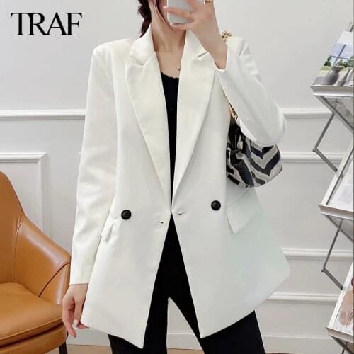 TRAF Womens Clothing Fashion Double Breasted Loose Fitting Blazer Coat Vintage Long Sleeve Pockets Female Outerwear Chic Tops