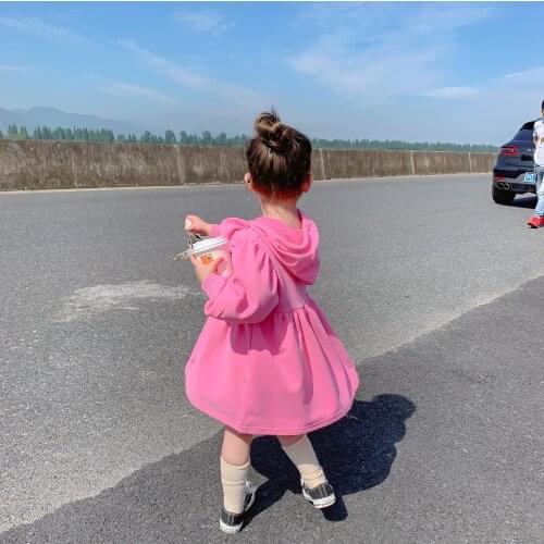 Girls' Dress 2021 Autumn New Cute Simple Solid Color Hooded Bubble Sleeve Casual Hoodies Dress Kids Dresses for Girls