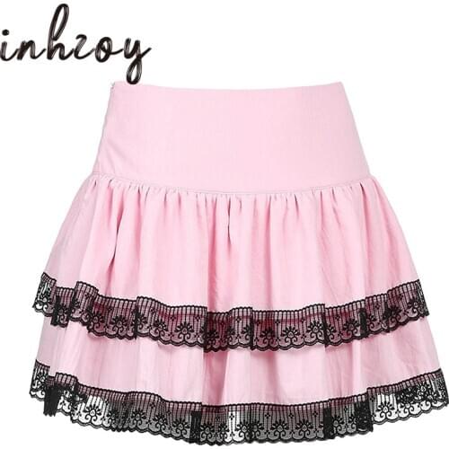 Lace Trim Pleated Skirt Women Harajuku School E Girls Anime Cosplay Pink Pastel Cute Kawaii Goth Aesthetic High Waist Mini Skirt
