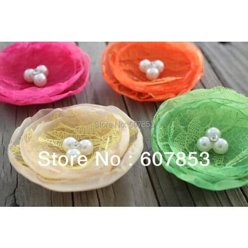 Burned Organza with lace Flowers, peal crystal in center Romantic Fabric Hair flower perfect for Girl/bride