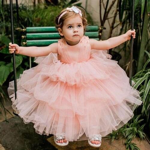 Blush Pink Tiered Flower Girl Dresses Wedding Lace Up Back Tulle Formal Pageant Gowns Kids Photography Wear Couture