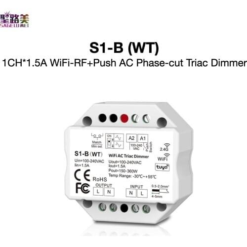 S1-B (WT) 1CH*1.5A WiFi-RF+Push AC Phase-cut Triac Dimmer Tuya APP Cloud Control / Voice Control SkyDance