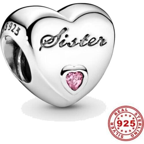 Hight Quality 925 Sterling Silver Beads Pink CZ Sister Heart Charm Fit Original Pandora Bracelets Women DIY Jewelry Making