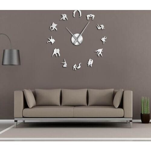 Japanese Martial Art Judo Players Silhouette DIY Wall Silent Quartz Large Wall Clock Judo Wrestler Giant Hanging Frameless Wall