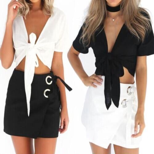 2021 Summer Women Casual Short Blouse Shirts V Neck Lace Up Short Sleeve Shirts Fashion Female Blouses Tops