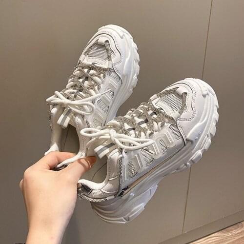 2021 Summer Womens White Chunky Sneaker Female Sport Shoes Platform 6cm Heel Lace Up Mesh Upper Tennis