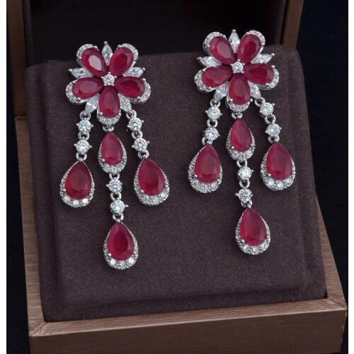 JanKelly New Zircon Earrings White Gold-Color Hot Pink Cubic Zircon Austrian Rhinestone Flower Drop Earing for Women JP5045E