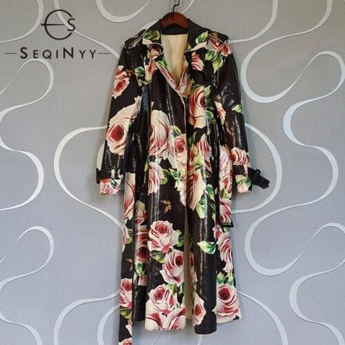 SEQINYY Fashion Trench Coat Autumn Spring New Elegant Design Women Runway High Quality Vintage Flowers Print PU Leather Long Top