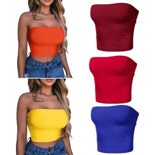 Women Bodycon Elastic Crop Tube Top Sexy Strapless Off Shoulder Bandeau Bright Solid Color Wrapped Chest Basic Bralette
