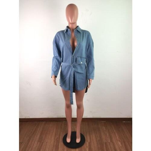 Denim Dress Women Long Sleeve Lapel Collar Patchwork Pocket Asymmetrical Mini Dress with Belt Lady Sexy Split Party Club Dresses