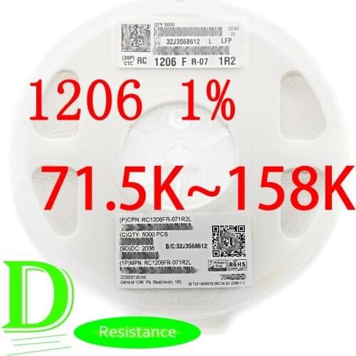 100PCS SMD Resistor RC Series 1206 1% Origina RC1206FR-07 Series 71.5K-158K All resistors 75K 82K 91K 100K 110K 120K 130K 150K