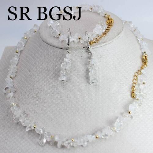 Free Shipping 6-8mm White Rock Crystal Natural Gems Girl Chockers Necklace Bracelet Jewellry Set 17.5" 7-8"
