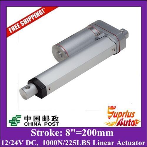Free Shipping 12v linear actuator with 200mm/8 inch stroke 225lbs/1000N/100kgs push load actuator linear