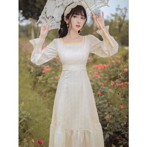 BLLOCUE Retro Square Collar Long Dresses 2020 Autumn High Waist Square Collar Flared Sleeve Ruffled Temperament Party Dress Lady