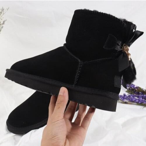 New Fashion Pendant Genuine leather fur lined Boys Girls bowknots pendant ankle snow boots for children winter shoes Black boots