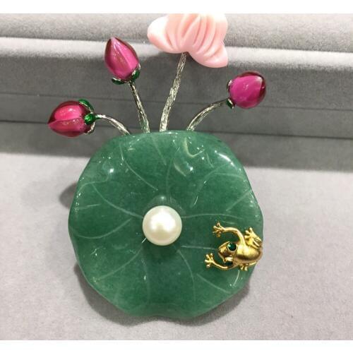 Natural semi-precious stone lotus leaf and lotus flower brooch shell frog natural fresh water pearl brooch multi color green