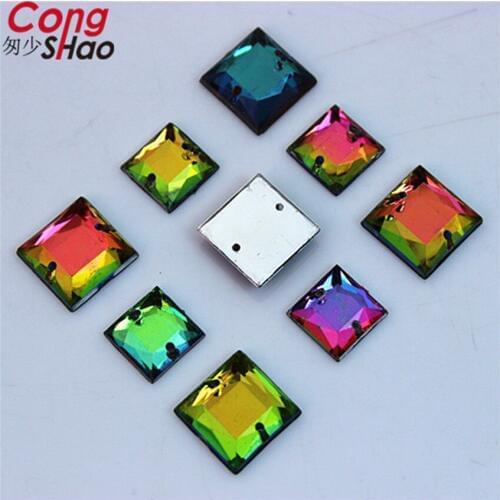 Cong Shao 100PCS 10/12mm Square Rainbow color crystals flatback Acrylic Rhinestone trim sewing 2 Hole DIY costume Button CS379