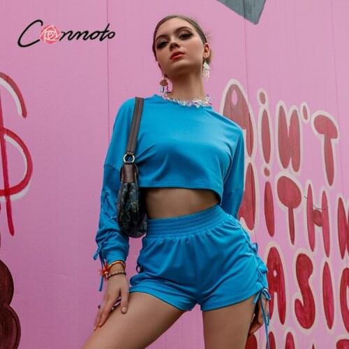 Conmoto Y2K blue sportswear sweet shorts suits Girl long sleeve cropped sweatshirts and lace up sexy shorts Fashion set 2021 new