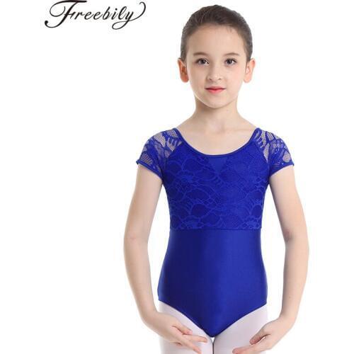 Girls Short Sleeve Floral Lace Cutout Professional Ballet Leotard Dance Gymnastics Leotard for Girl Kids Ballerina Dance Wear