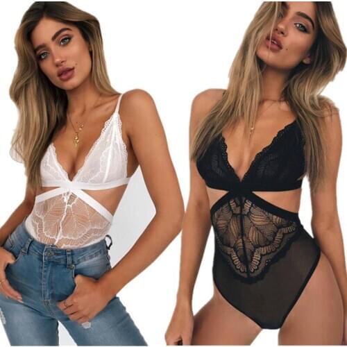 DOIAESKV New Sheer Lace Bodysuit Women Backless Transparent Mesh Bow Sexy Jumpsuit Catsuit Straps Bodysuits Jumpsuit Lingerie