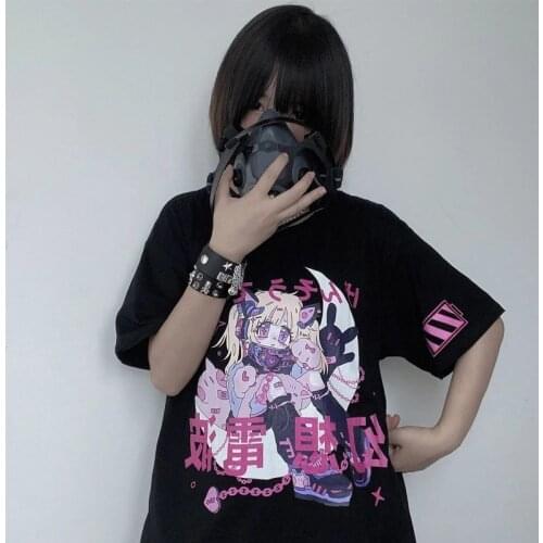 Summer Anime Cartoon Black Gothic T-shirt Crop Top Japanese Streetwear Harajuku Kawaii Casual Tops Loose Oversized T-shirt Women