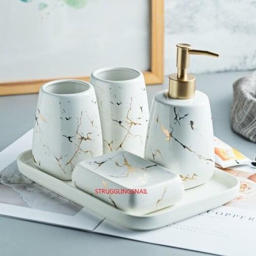 Marble Texture Bathroom Accessory Tray Ceramic Bathroom Set Hand Sanitizer Lotion Bathroom Accessories Set Soap Dispenser Tooth