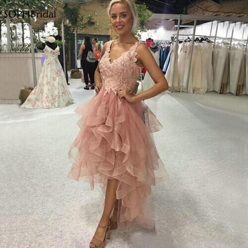 New Arrival V Neck Lace Cocktail Dresses High Low Vestidos De Gala Appliques Tulle Homecoming Gowns Robe de Cocktail платье