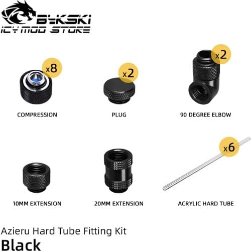 Azieru Hard Tube Fitting Kit Beginner Level G1/4 Compression 90 Degree Elbow Male to Female 50cm 14mm Arcylic Tubes Combo