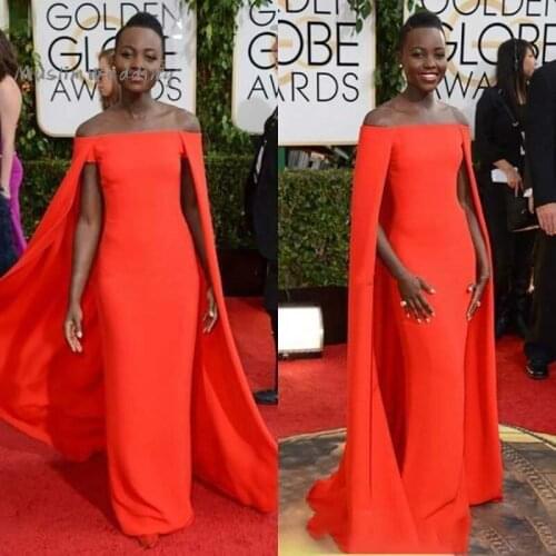 Red Caped Evening Dresses 2020 Sexy Off The Shoulder African Prom Dress Cheap Dubai Arabic Celerbity Red Carpet Party Gowns 2020