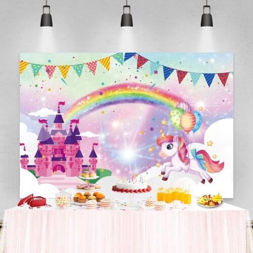 Laeacco Unicorn Backdrops Dreamy Sky Rainbow Castle Balloons Clouds Flags Kid Birthday Photography Backgrounds Newborn Photocall