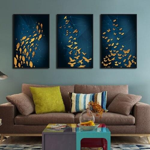 Wall Art Abstract Golden Flying Birds Butterflies Fishes Painting Canvas Posters Prints Living Room Bedroom Corridor Decoration