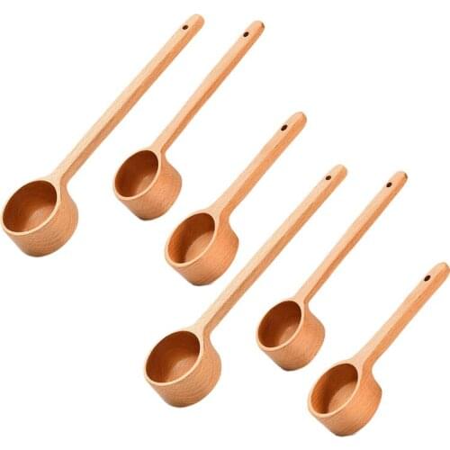 New 3 Sizes Wooden Tea Spoon Long Handle Coffee Scoop Measure Spoon,for Ground Beans Tea Salt Seasoning Sugar Spice,6 Pcs