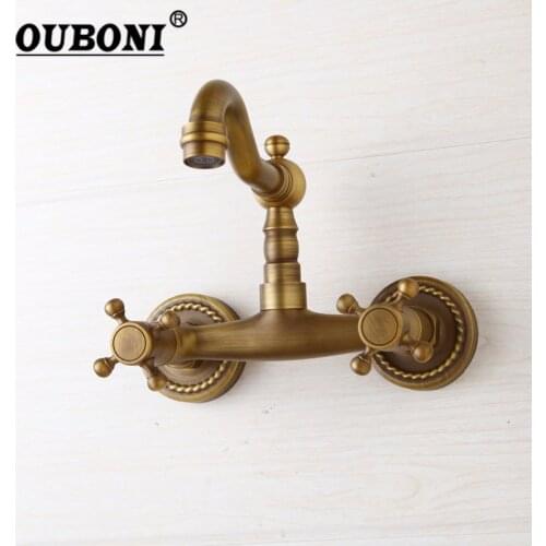 OUBONI Antique Brass Solid Brass Faucets 2 Cross Handles Roman Retro Hot Cold Bathroom Faucet wall Mounted Basin Sink Mixer Tap