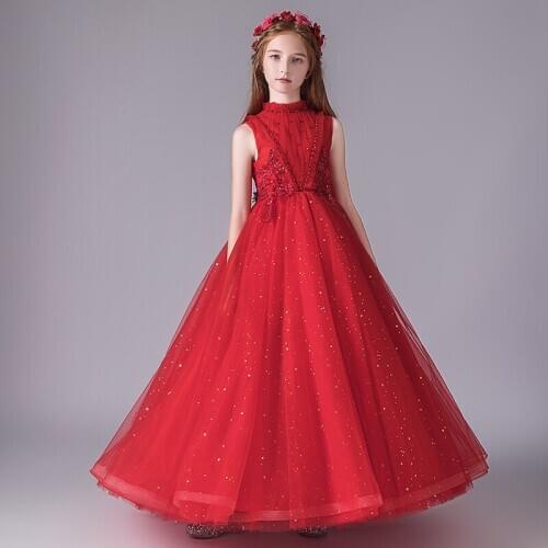 Flower Girl Dresses Princess Appliques Beading Embroidery Pearls Pleat Sequined Ball Gown O-Neck Tulle Lace Kid Party Skirt H117