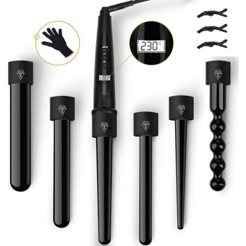 6 in 1 Curling Hair Iron Wand Set Temperature Adjustable with 6 Interchangeable Ceramic Conical Spiral Rose Golden Hair Curlers
