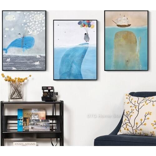 Nordic Modern Hand Drawn Style Whale Adventure Dreams Picture Canvas Poster And Print For Nursery Gift Kids Room Decoration
