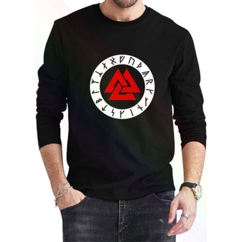Viking Valknut With Runes Logo Classic Black T-Shirt 2021 Newest Summer Mens Long Sleeve Popular Tees Shirt Tops Novel Unisex