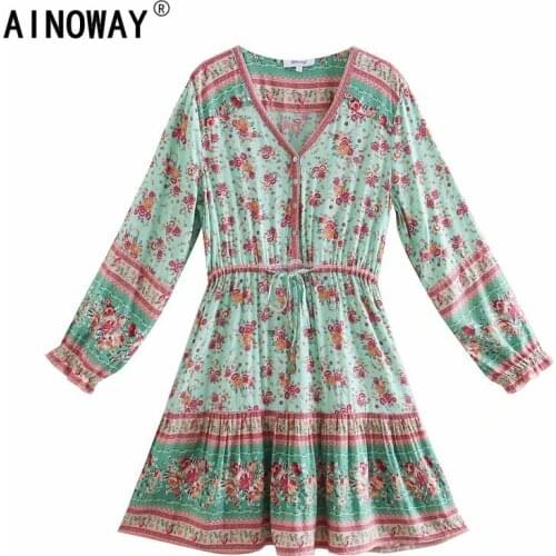 Vintage Chic women Red floral print beach Bohemian mini dress Ladies V neck flare sleeve botton Boho dress vestidos