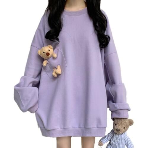 2020 Autumn New Women Harajuku Kawaii Hoodie Soft Pullover Sweatshirt With Pocket Plush Bear Solid Outwear Oversize Casual Hoody