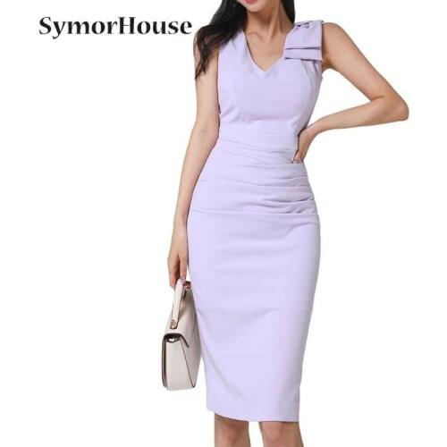 Summer Womens V-Neck Bodycon Pencil Sheath Dresses Elegant Korean Evening Party Bow Slim Dress New Tank Vestidos Autumn