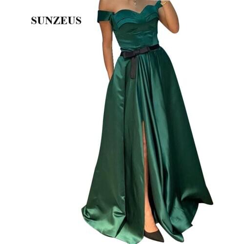 Off Shoulder Sweetheart Evening Long Dresses Women Green Formal Gowns With Black Belt Elegant Satin Party Robe