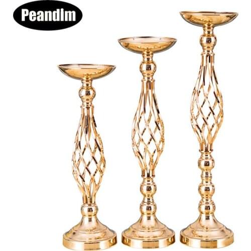 PEANDIM Gold Flowers Vases Holder Pillar Candlestick For Wedding Table Centerpieces Decor Hollow Style Candle Holders For Home