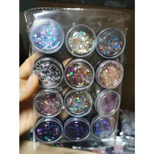 1Set Mixed 12 Laser Colors(Glitter Powder+Square) 0.2+1+2+3mm Mixed Size Paillette Spangles Ultra Thin GLITTER For Nail Art