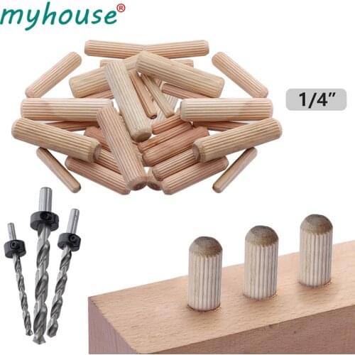100pcs 1/4" Wooden Dowel Pin Fitting Woodworking DIY Furniture Wooden Dowel Cabinet Drawer Round Fluted Wood Craft Furniture Fit