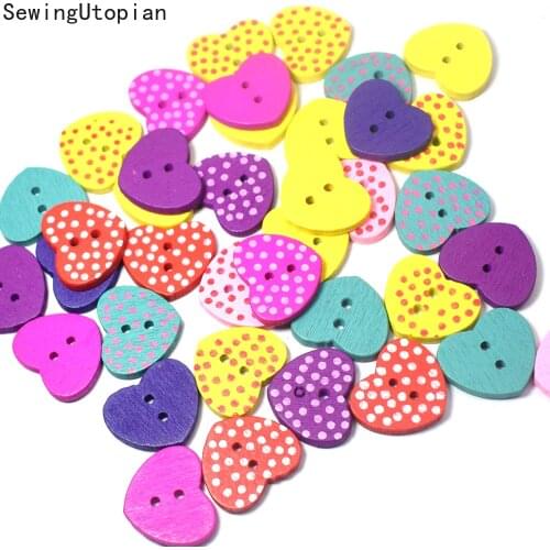 300PCS 15MM Cartoon Heart Wood Buttons for Sewing Scrapbooking Clothing Headwear Handmade Crafts Home Decor Accessories DIY