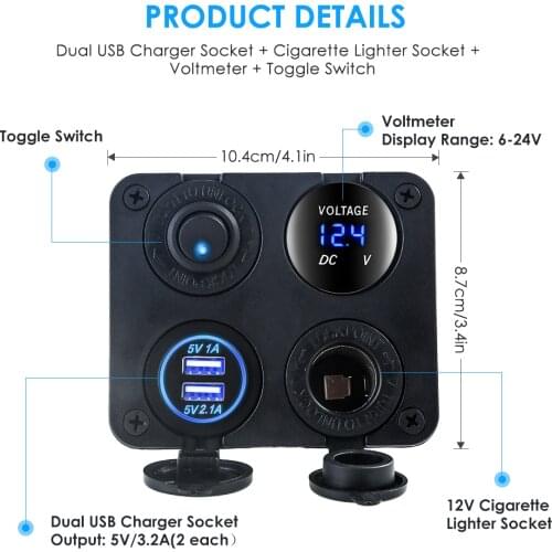 4 In 1Dual USB Car Cigarette Lighter Socket Charger Voltmeter Switch 12V/24V