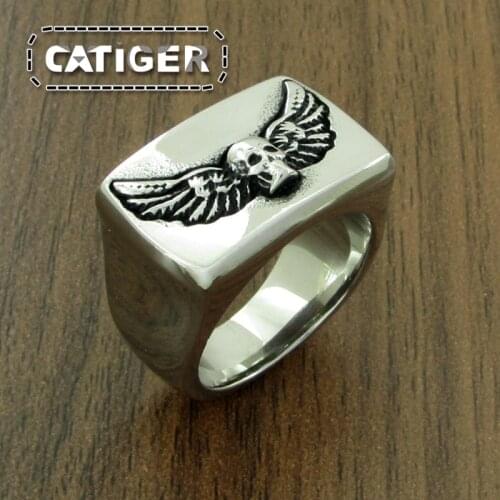 Free Shipping Punk 316L Stainless Steel Feather Skeleton Rings Cool Silver Color Black High Polishing Wings Skull Ring Jewelry
