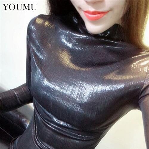 Women Sexy Turtleneck T-Shirt Long Sleeve Shiny Glitter Slim Tops Dancewear Clubwear Multi Colors Solid Fashion 907-230